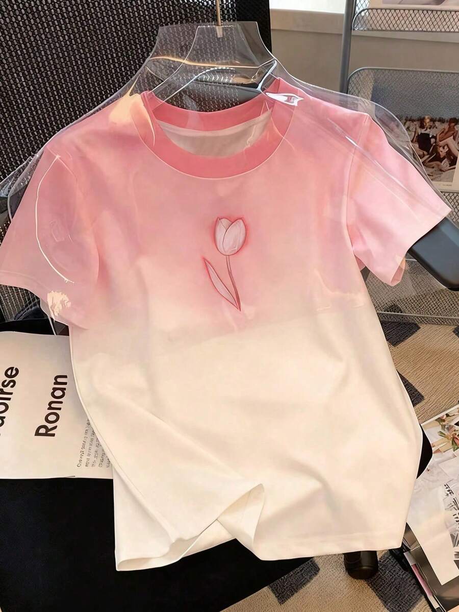 1件少女甜美渐变粉色郁金香花朵短袖T恤,独特风格,适合购物和外出穿着,时尚春夏款 - 粉色 - 查看 1