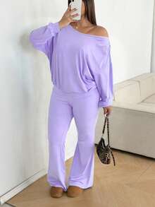 Sunnyshic Plus Size Women 1-Shoulder Long Sleeve Top And Flare Pants 2 Pieces Set - Mauve Purple - View 7