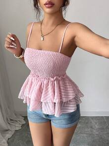 SHEIN Tall 女士性感褶皱双层拼接吊带短款吊带背心 - 粉色 - 查看 4