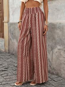 Brillora 女士高腰全印花斜插口袋休闲度假裤，度假，度假风，波西米亚风，波西米亚条纹裤，夏季沙滩条纹印花打结腰直筒裤，女士度假装，女士假日装，女士沙滩度假装，女士夏季装 - 棕色 - 查看 5