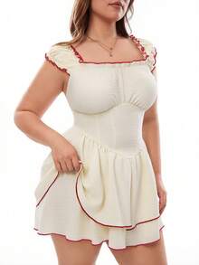 Solavibe 大码女式褶皱荷叶边下摆休闲日常连体裤 - 米色 - 查看 5