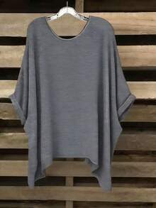 EMERY ROSE Plus Size Summer Casual Solid Color Batwing Sleeve Asymmetric Hem T-Shirt - Multicolor - View 2