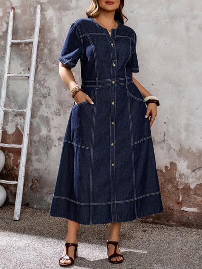 EMERY ROSE 大码夏季休闲日常前扣短袖牛仔连衣裙