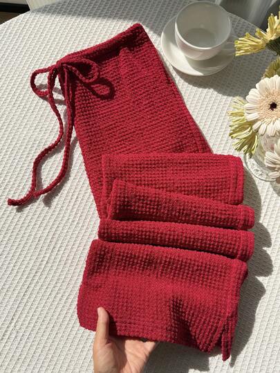 Comfortcana Wine Red Women's Summer Knit Striped Pants