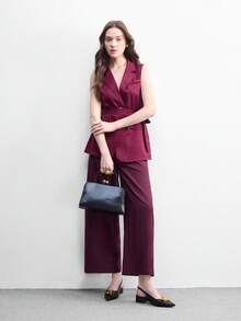CUCCOO BIZCHIC Sapato feminino preto de bico fino com detalhes plissados em metal, salto baixo, versátil para o dia a dia e para o escritório, design elegante sem calcanhar. - Preto - Ver 6