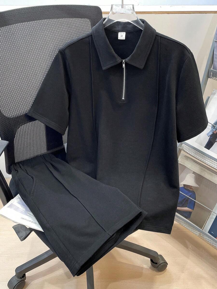 SHEIN 青少年男童宽松休闲翻领针织纯色短袖Polo衫和短裤两件套，适合春夏季节日常穿着、运动、郊游、上学、聚会、节日、拍照等场合。男士两件套，黑色，黑色短袖Polo衫，黑色拉链Polo衫，男士休闲套装 - 黑色 - 查看 1