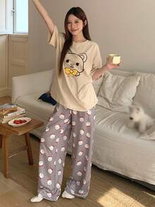 DAZY 2pcs/Set Cute Bear Print Short Sleeve T-Shirt And Pants Women Summer Pajama Set - Beige - View 8