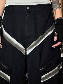 ROMWE MEN Street Life Jeans casuales de pierna ancha con parches y desgaste lavado para hombres - Negro - Ver 2