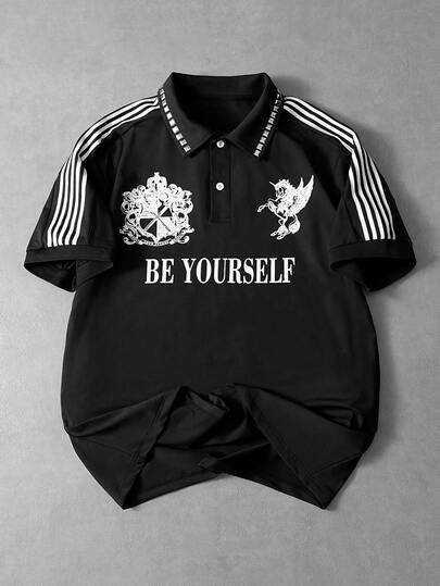 PAVTROS Camisa polo de manga corta para hombres jóvenes de moda, con diseños vintage y heráldicos de alta calle, estilo retro de los 90, adecuada para entusiastas del estilo vintage, punk, Y2K, ajuste limpio, atuendos de rapero, regalos de vacaciones, regalos para novio