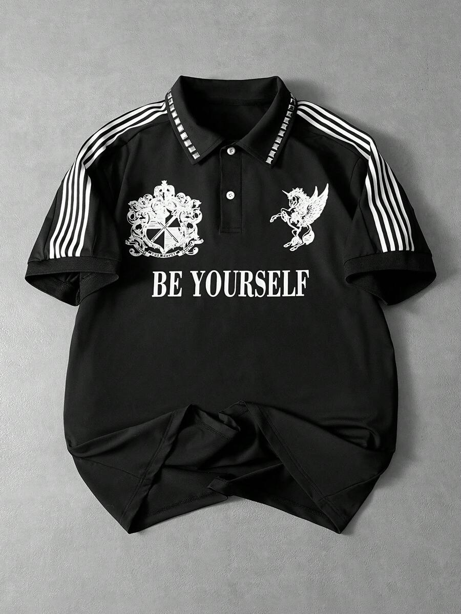 PAVTROS Pavtos 男士时尚潮流短袖 Polo 衫，采用高街复古和纹章设计，90 年代复古街头风，适合复古、朋克、Y2K、简约风格爱好者、说唱歌手，也是节日礼物和男友礼物的理想之选。 - 黑色 - 查看 1