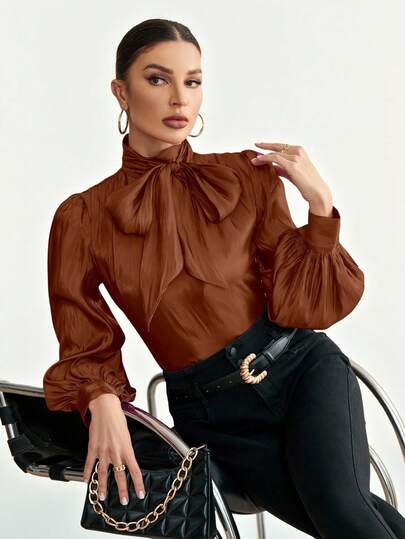 Aveloria Modichic Einfarbige Bluse mit Krawattenausschnitt, Laternenärmeln, Feiertagskleidung, Knopfleiste, Damen