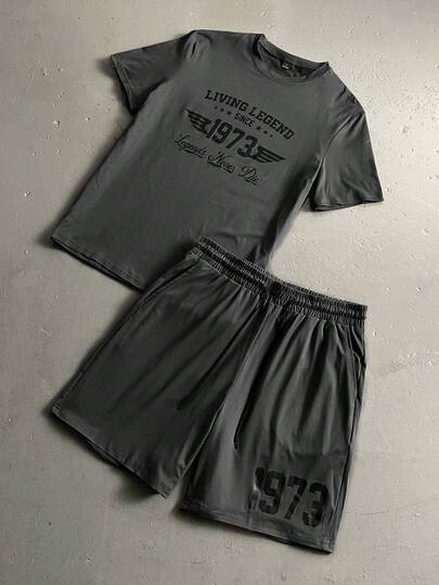 Manfinity Homme 男士字母印花圆领短袖休闲T恤和抽绳腰短裤套装