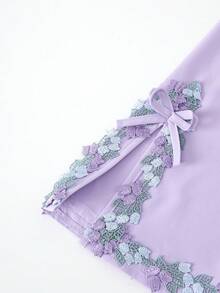 Teen Girl Floral Print Crew Neck Split Sleeve Elegant Dress - Purple - View 4