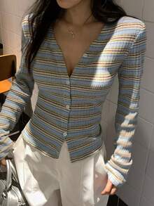 DAZY Women's Casual Striped Single-Breasted Long Sleeve Knit T-Shirt - Blue - View 2