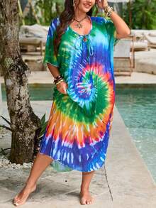 Swim Vcay 大码女式系带领撞色休闲度假沙滩长袖和服衬衫 - 彩色 - 查看 1