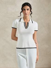 Briarwyn Women's Contrast Trim Half-Zip Casual Short Sleeve Knit Top - White - View 4