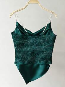 Franclia Áo hai dây nữ thanh lịch, đa năng, đính ngọc trai, chất liệu satin bóng, dáng bất đối xứng, thích hợp cho mùa xuân/thu. - Màu xanh lá cây đậm - Xem 2