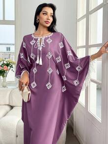 Yasmyna 女士流苏土耳其长裙，传统阿拉伯长袍 - 紫色 - 查看 4