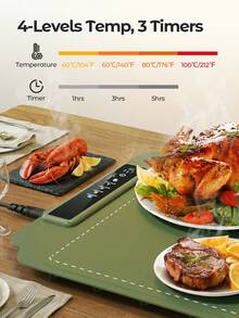 Teckwe Thớt điện giữ nhiệt, khay hâm nóng thức ăn, thảm hâm nóng thức ăn, làm nóng nhanh 10 giây, 4 mức nhiệt độ, hẹn giờ 3 chế độ, dụng cụ hâm nóng thức ăn cho tiệc buffet - Phích cắm Anh Quốc - Xem 3