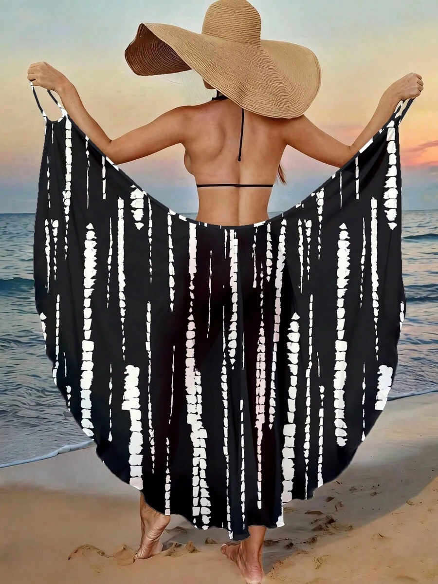 Swim Vcay 女士夏季沙滩网纱条纹印花可调节肩带连体裹身度假连衣裙 - 黑色 - 查看 1