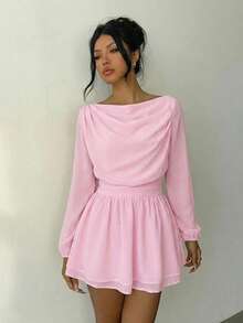 Aloruh New Romantic Date Chiffon Stand Collar Long Sleeve Ruched Mini Dress, Light Pink, Spring/Summer - Baby Pink - View 4
