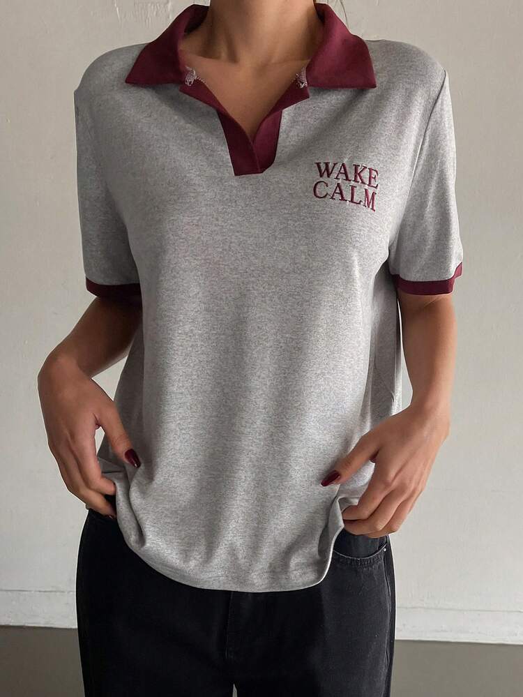 Women's Elegant Loose Basic Patchwork Contrast Color Short Sleeve Letter Decor T-Shirt, Spring/Summer