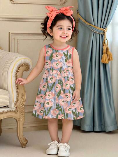 Young Girl Casual Sleeveless Midi Dress, Suitable For Summer Girls' Floral Peter Pan Collar Fitted Dress, Holiday Dress, Sweet Princess