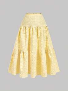 SHEIN MOD 大码女式黄色碎花纹理长款连衣裙两件套，多层荷叶边下摆，适合约会、度假、野餐、海滩等场合，舒适透气。 - 黃色 - 查看 9