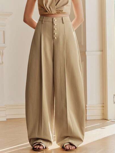 Anewsta Spring Fashionable New Arrival Barrel Leg Pants With Button Closure Design For Women