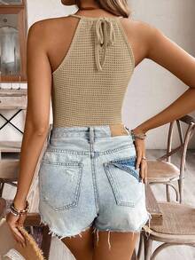 SHEIN Frenchy 女士度假风钩编设计修身时尚吊带背心 - 卡其色 - 查看 2
