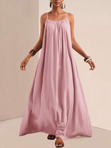 Slaydiva Plus Size Solid Color Spaghetti Strap Square Neck Loose Long Dress, Summer Dresses - Pink - View 4
