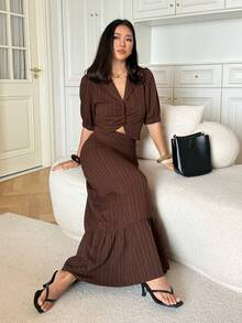 DAZY Women's Casual Striped Puff Sleeve Shirt And Skirt 2 Pieces Set, Summer - Coffee Brown - View 4