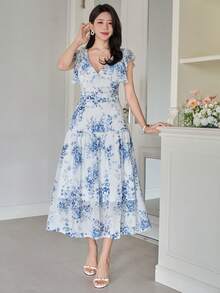 DAZY Ensemble 2 pièces femme, top à col V et volants floraux élégants et jupe. Tenue bohème d'été pour vacances - Bleu azur - Voir 3
