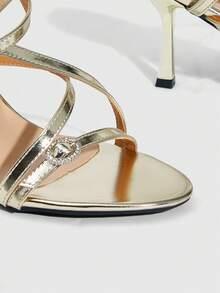 CUCCOO SZL Giày sandal cao gót thời trang thanh lịch dành cho nữ, đính đá lấp lánh, có khóa cài, thích hợp dự tiệc. - Màu vàng nhạt - Xem 11