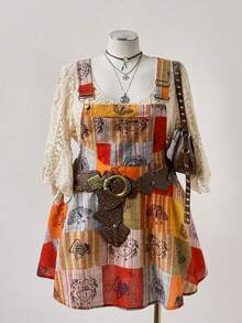 SHEIN CURVE+ Plus Size Women's Colorful Bohemian Print Strap Dress, Summer - Multicolor - View 8