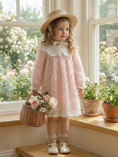 Souflis Souflis 0-3歳の女の子用エレガントなフローラル襟デザイン ルーズAラインレースメッシュヘムワンピース、繊細な赤ちゃんの肌に優しい柔らかい素材、春夏向け