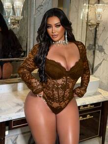 NU&NOW 大码女士蕾丝连体衣，优雅修身长袖连体衣，四季皆宜 - 棕色 - 查看 5