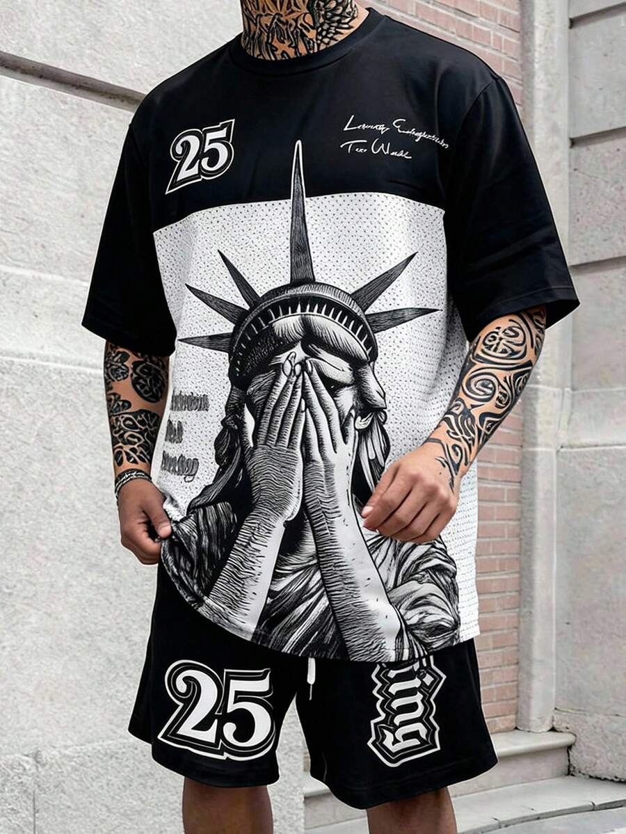 HIMLAND 男士休闲通勤街头风学院风字母印花T恤和短裤套装