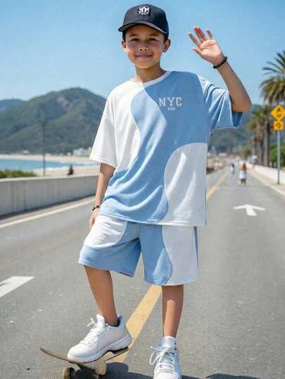 2pcs Kids Tween Boy Casual Comfortable Patchwork Contrast Color Print Pattern Round Neck Short Sleeve White T-Shirt And Blue Shorts Tracksuit Set, Suitable For Spring/Summer, Outings, Valentine's Day, Dates, Travel, Vacations, Family Gatherings, Back To School, Weddings, Evenings, Sports, Birthday Parties