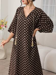 Yasmyna 女士端庄优雅阿拉伯风格中长连衣裙，配棕色、金色和银色串珠腰带，春夏款 - 棕色 - 查看 7