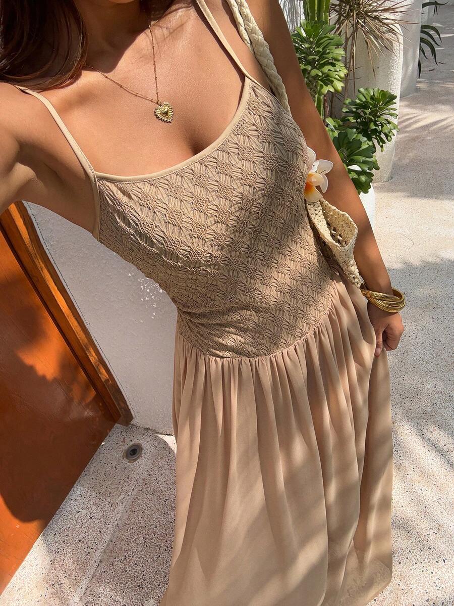 Livesso White Sleeveless Textured Waist Flare Midi Dress, Vacation Beach Outfit For Women - Apricot - View 1