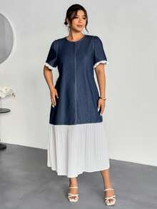 Firerie Plus Size Color Block Short Sleeve Denim Dress,Summer,Valentine's Day, Elegant Casual Vacation Spring Outfit For Women, Spring Dress For Women - Blue - View 6