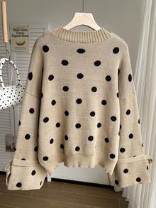Comfortcana 可爱波点针织圆领毛衣，带蝴蝶结 - 杏色 - 查看 2