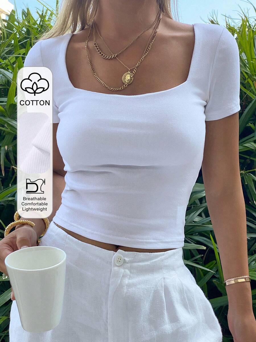 DAZY 女款領口短袖修身休閒T恤可愛上衣夏季短版上衣 - 白色 - 查看 1