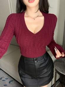 DAZY Women's V-Neck Short Cable Knit Slim Fit Pullover Sweater,Fall Women Clothes - Burgundy - View 2
