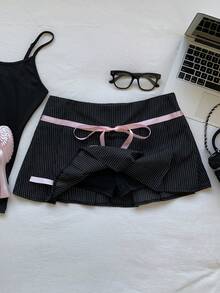 Comfortcana Chân váy ngắn xếp ly thắt nút kẻ sọc thời trang đa năng dành cho nữ, thích hợp cho hẹn hò/đi chơi mùa hè. - màu đen - Xem 7
