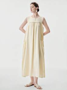 Aalyst Women's Solid Color Button Design Round Neck Sleeveless Casual Loose Mid-Length Dress - Butter Yellow - View 3