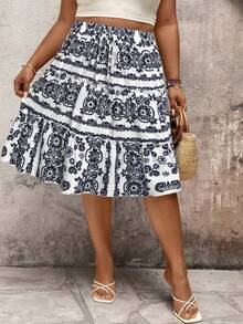 EMERY ROSE Holiday Frill Trim Contrast Color Rope Multi-Functional Casual Pleated Plus Size Skirt - White - View 7