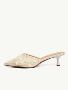 CUCCOO CHICEST Zapatos de mujer de tacón medio puntiagudo, de malla beige con bordado y cuentas, elegantes y de moda, tipo mule sin talón y de fácil deslizamiento - Beis - Ver 4