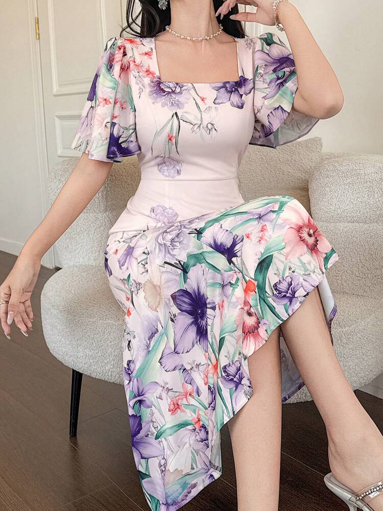 Women's Elegant Floral Print Square Neck Ruffle Sleeve Fishtail Midi Dress, Summer Wedding Guest Dress Sundress